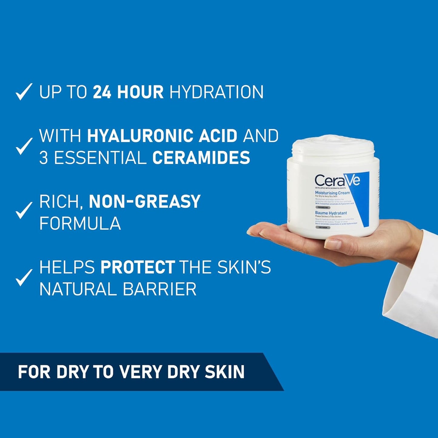 Moisturising Cream, Face & Body, with 3 Essential Ceramides & Hyaluronic Acid for Dry to Very Dry Skin, Developed with Dermatologists, Fragrance-Free, 454G/16Oz