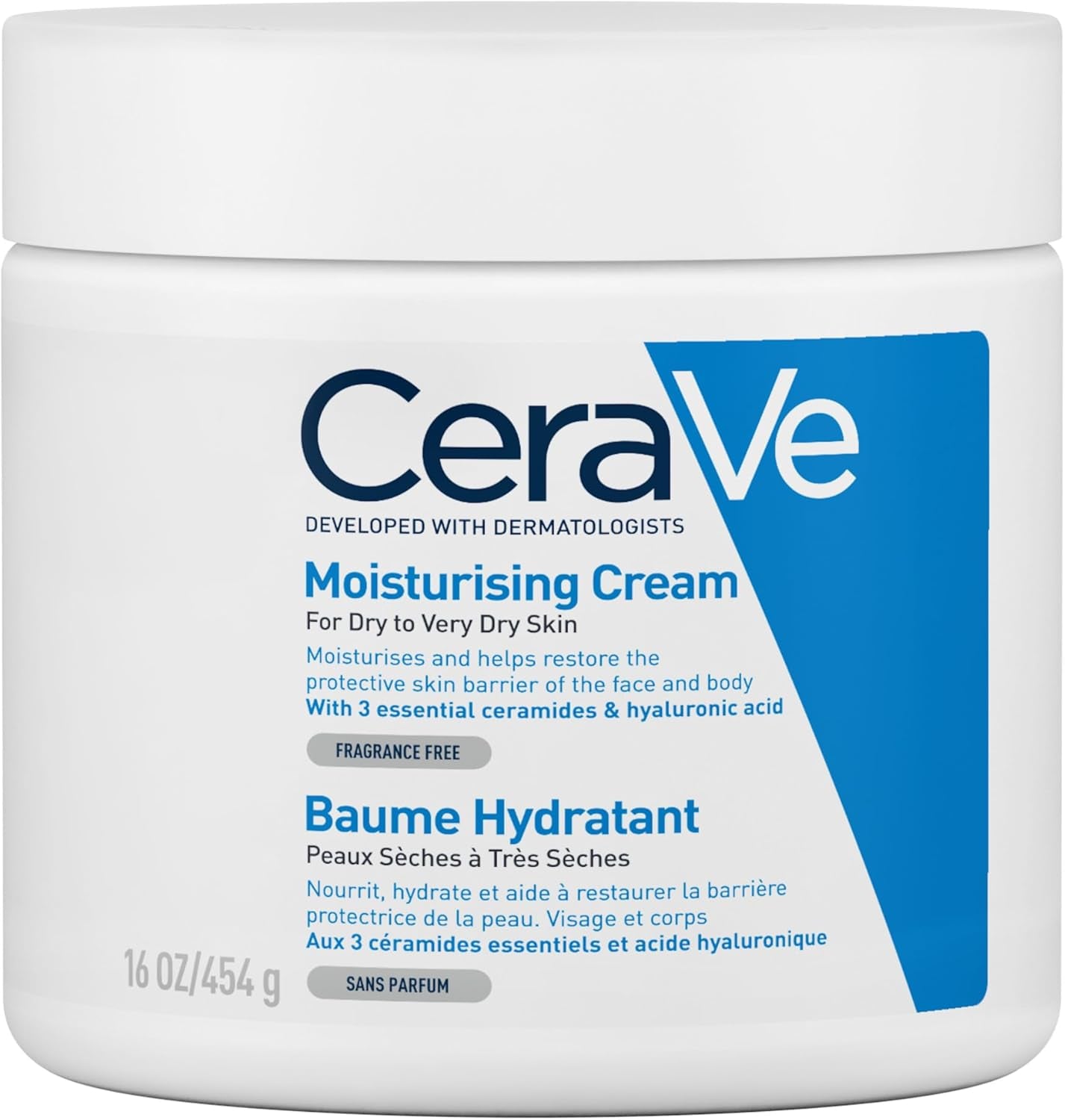 Moisturising Cream, Face & Body, with 3 Essential Ceramides & Hyaluronic Acid for Dry to Very Dry Skin, Developed with Dermatologists, Fragrance-Free, 454G/16Oz